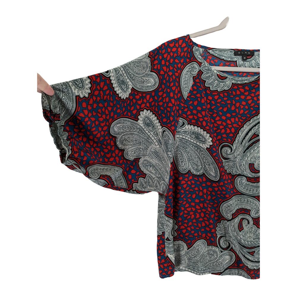 Glam Printed Blouse Small Red Blue Paisley Short Puff Sleeve Colorful Office Top - Picture 2 of 9